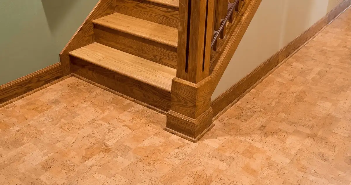 End of a staircase with cork flooring in San Jose, CA