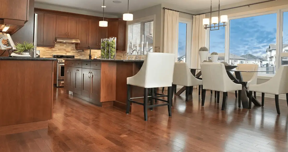 A modern kitchen with professionally installed wood flooring in San Jose, CA