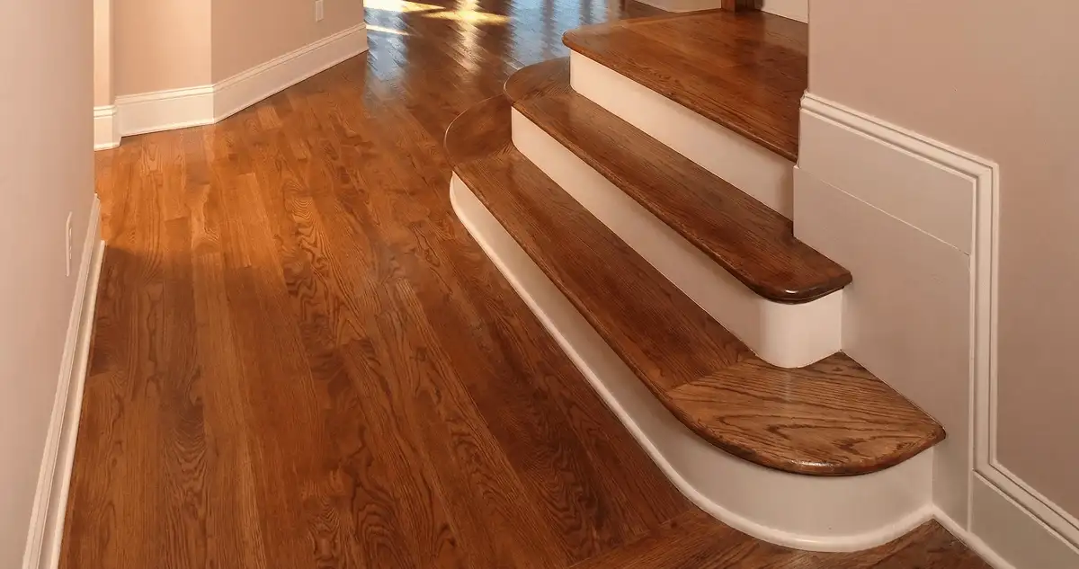 Base floor of a staircase with professionally restored wood flooring in San Jose CA