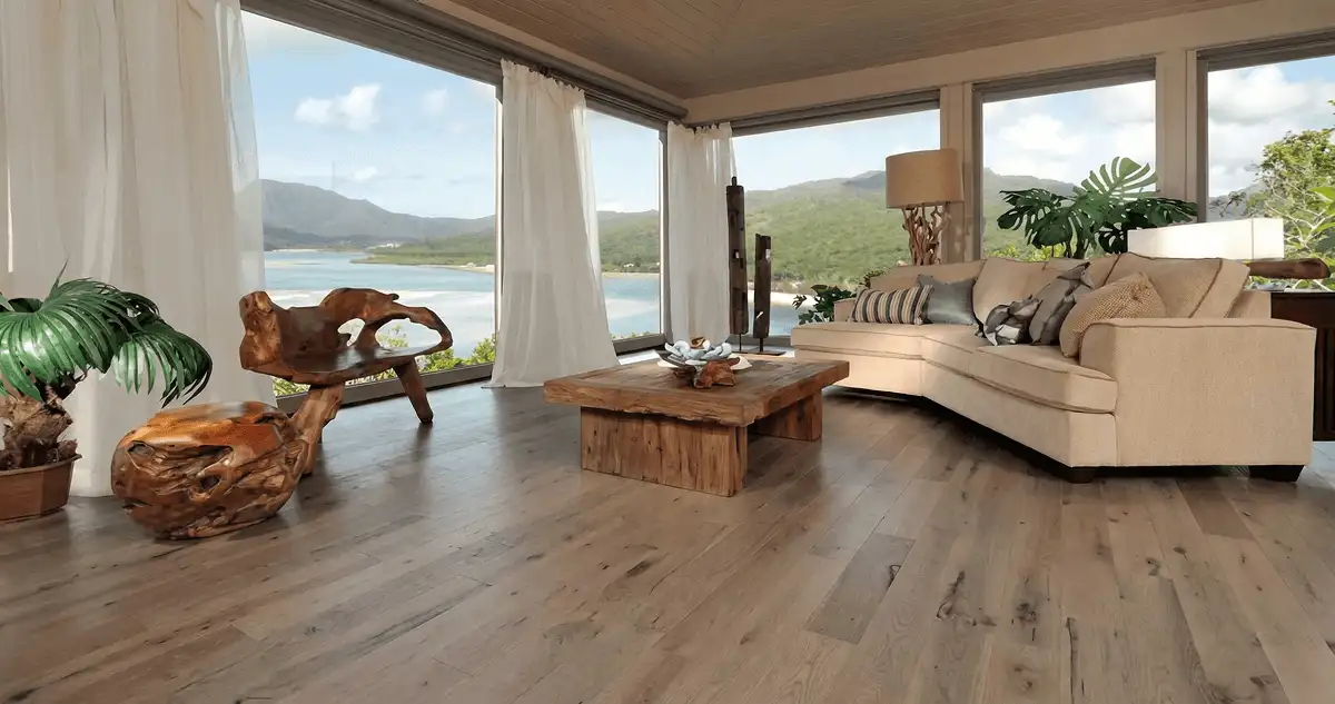 Professionally installed vinyl flooring in a modern living room with large windows in San Jose, CA